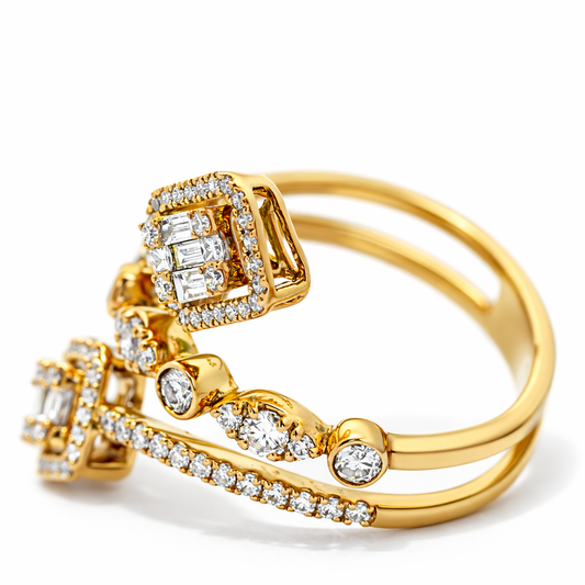 Anillo de moda de oro amarillo de 14 quilates con diamantes redondos tipo baguette, 1,10 CTW