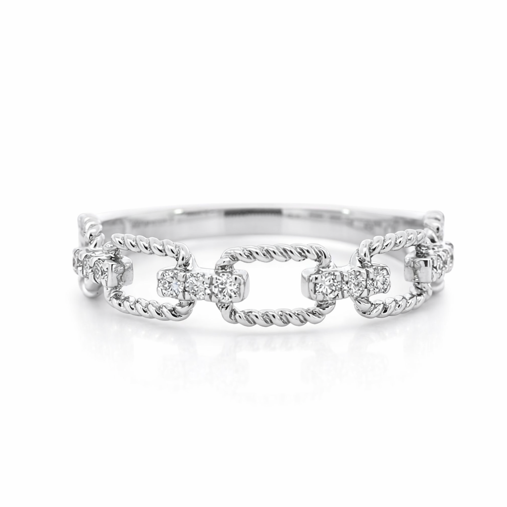 14K White Gold 0.14 CTW Round Diamond Rectangle Links Ring - Size 7