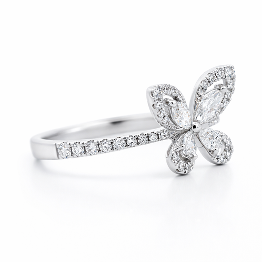14k White Gold Butterfly W/ Marq.,Pear, Round Diamond Ring View 2 - Fine Jewelry | Bust Down & Co