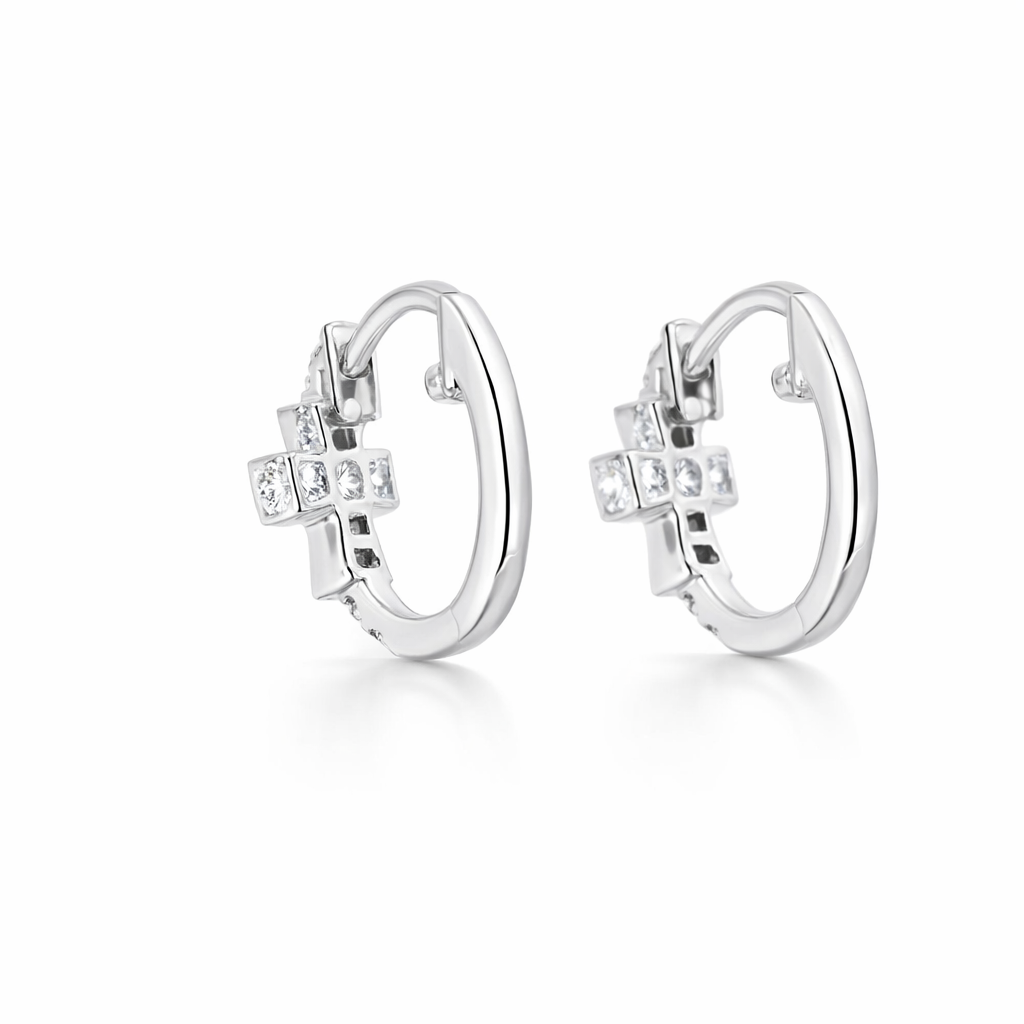 14k White Gold Cross Diamond Huggie Earrings (0.26ct)