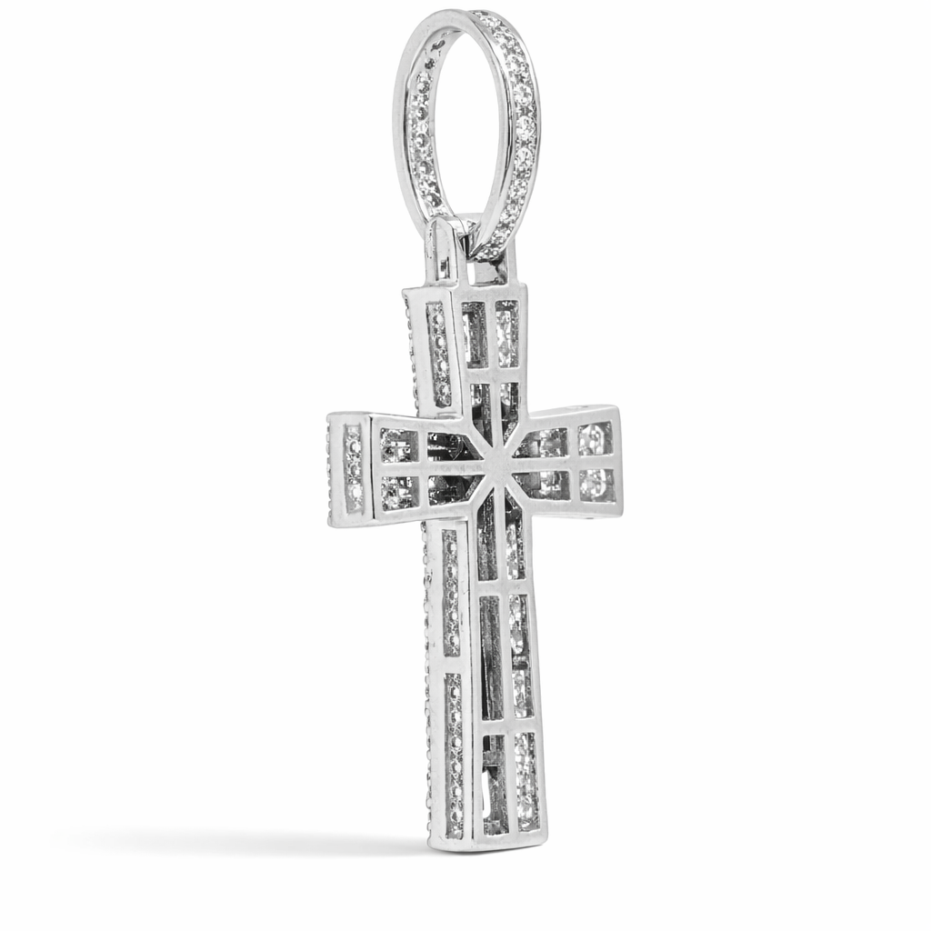 10K White Gold 0.70 CTW Diamond Round Baguette Cross Pendant