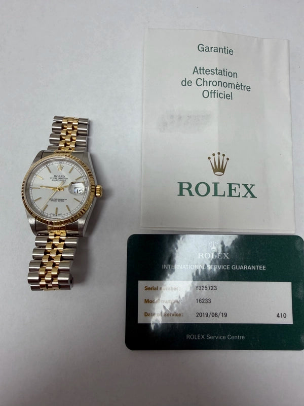 Rolex Datejust White Stick Dial on Oyster Ref 16233 with Papers 2004