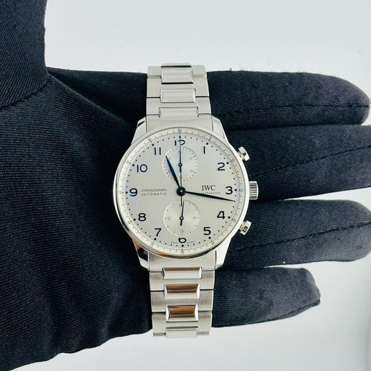 Iwc Portugieser Chronograph Silver Dial on Leather Strap Ref IW371605 with Card 2020