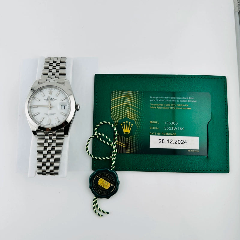 Rolex Datejust White Index Dial on Jubilee Ref 126300 with New Style Card Green 2024