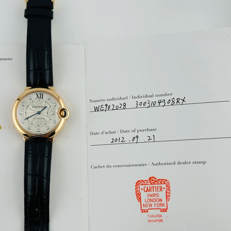 Cartier Ballon Bleu Silver Factory Diamond Dial on Leather Ref 3003/WE902028 with Papers 2012