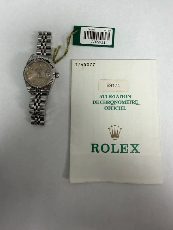 Rolex Datejust Lady Silver Stick Dial on Jubilee Ref 69174 with Papers 1997