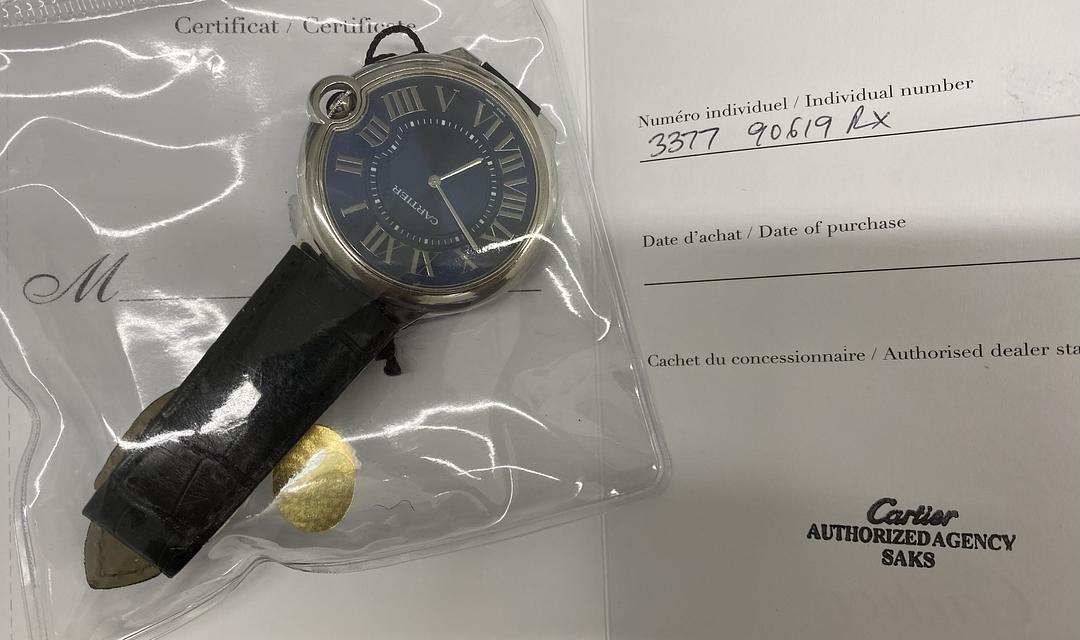 Cartier Ballon Bleu Blue Dial on Leather Ref. 3377 Papers Open Date — view 3