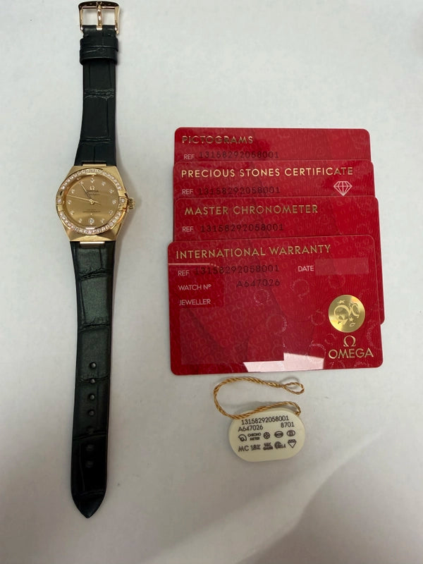 Omega Constellation Co-Axial Champagne Dial on Leather Strap Ref 131.58.29.20.58.001 with Card