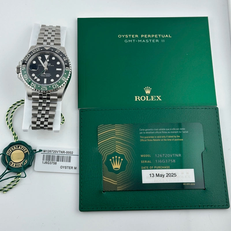 Rolex GMT-Master II "Sprite" Black Dial on Jubilee Ref 126720VTNR with New Style Card Green 2025