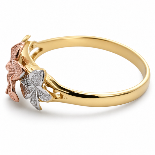 10K Tri-Tone Triple Hibiscus Ring with Rose Center Flower