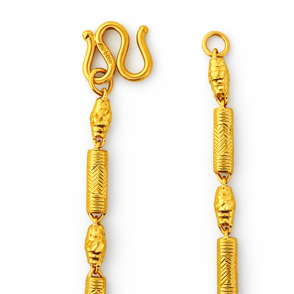 24K Yellow Gold Barrels & Lantern Chain Necklace - 24 Inch - 12.51g