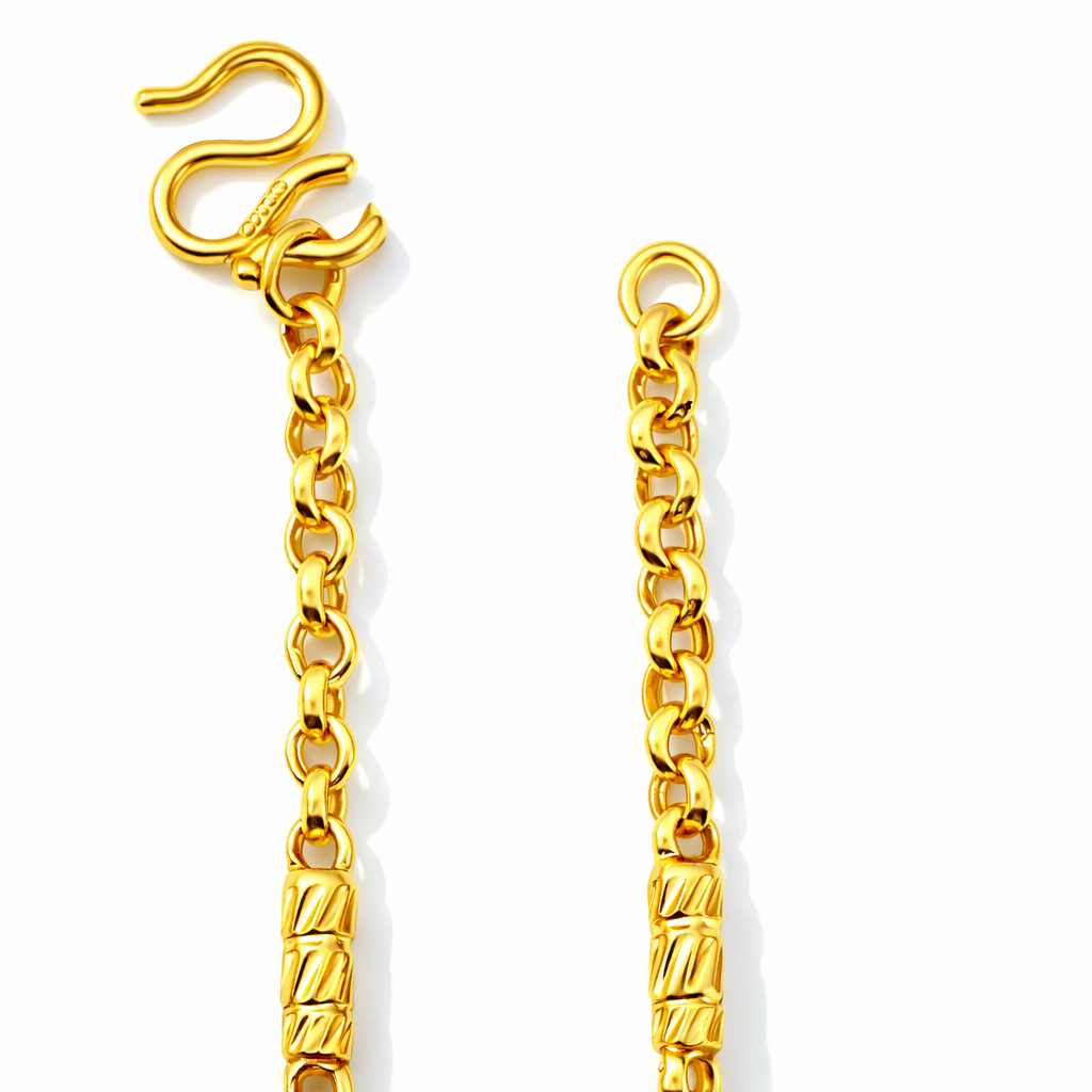 24K Yellow Gold Precision Cut Lantern & Round Links Chain Necklace - 24 Inch