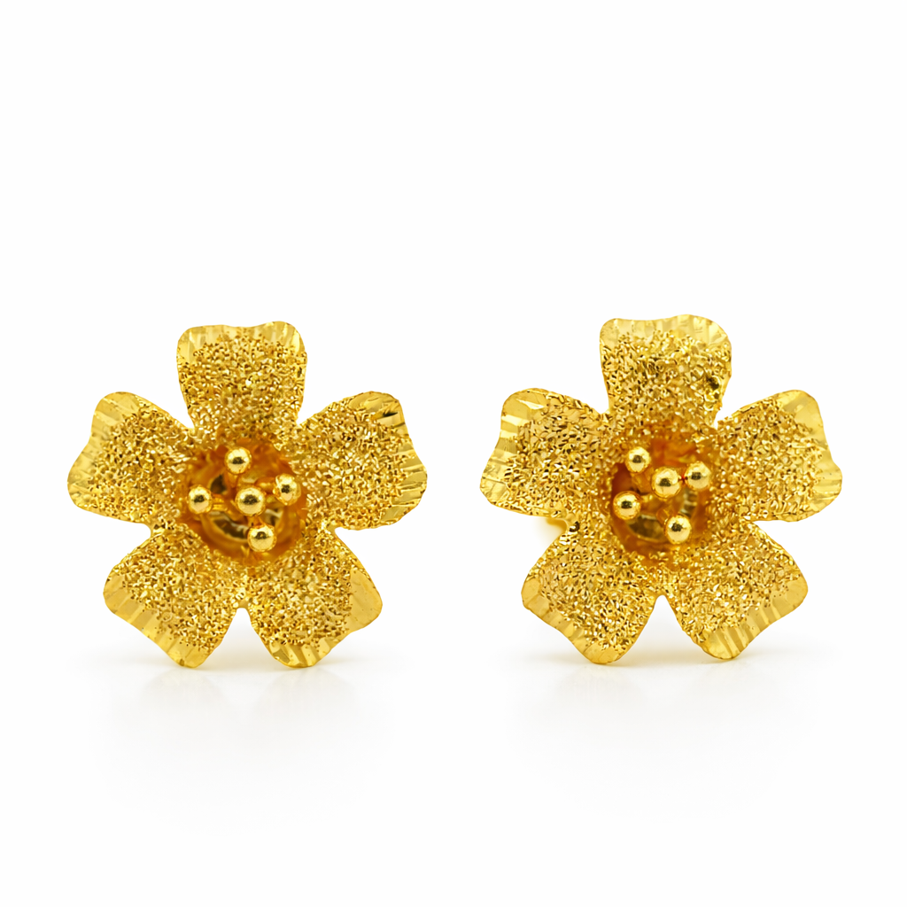 24K Yellow Gold 5 Petals Hibiscus Earrings - 6.41g