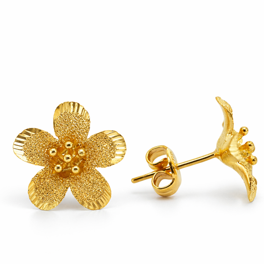 24K Yellow Gold 5 Petals Hibiscus Earrings