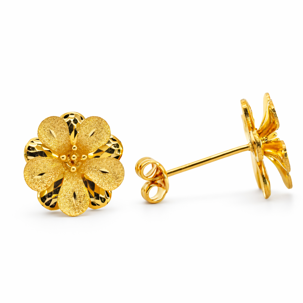 24K Yellow Gold Double Layer Hibiscus Earrings
