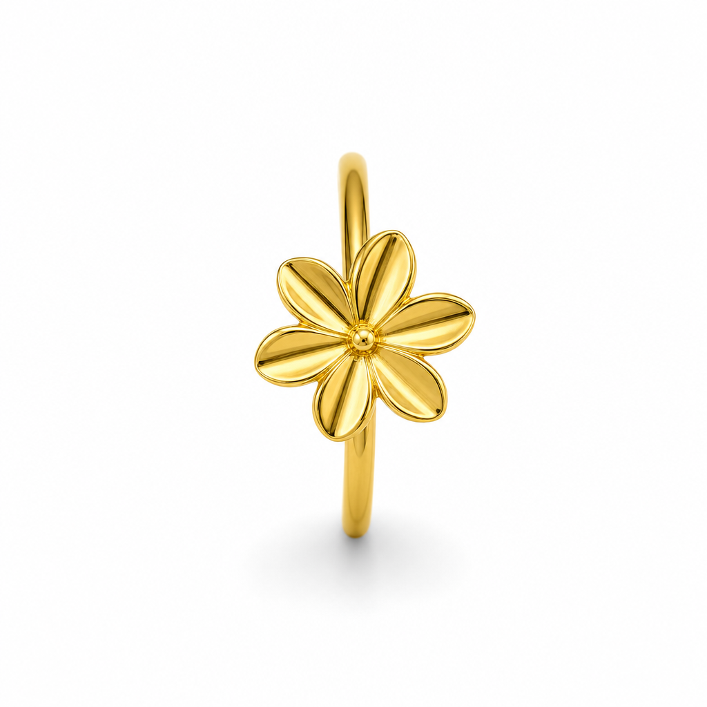 24K Solid Gold Flat 6-Petal Flower Nose Ring Hoop
