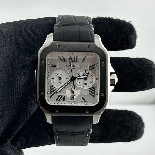 Cartier Santos Chrono Silver Dial on Leather Ref 4183