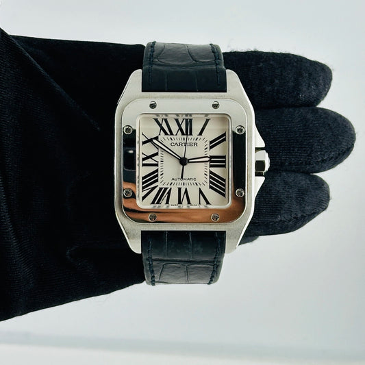 Cartier Santos Silver Roman Dial on Leather Strap Ref 2656/W20076X8