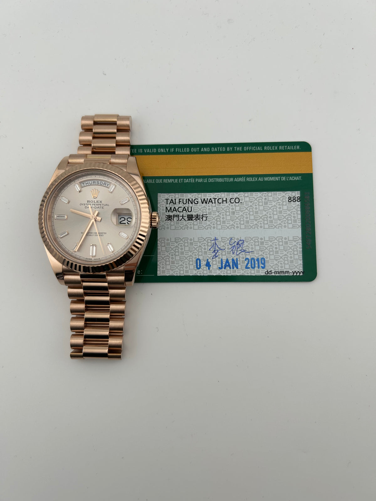 Rolex Day-Date 40 Sundust Baguette Cut Diamond Dial on President Ref. 228235 Card 2019 — view 7
