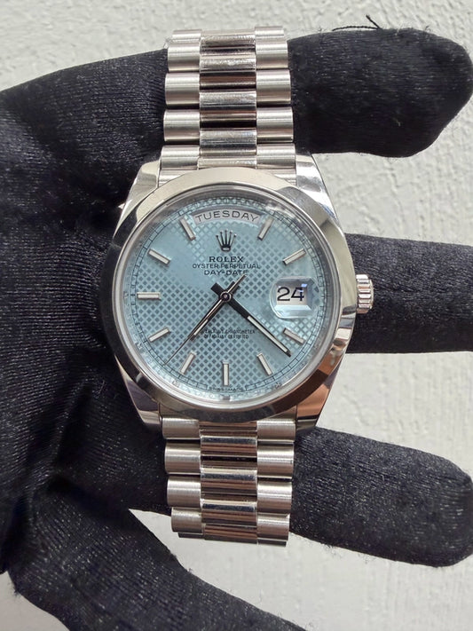 Rolex Day-Date 40 Ice Blue Diagonal Motif Index Dial on President Ref 228206 with New Style Card White 2019
