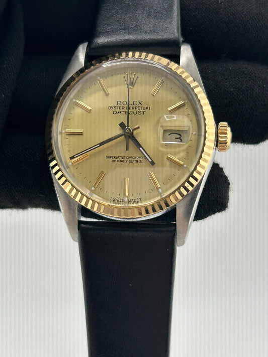 Rolex Datejust 36 Champagne Stick Dial on Generic Black Leather Strap Ref. 16013 1987 — view 2