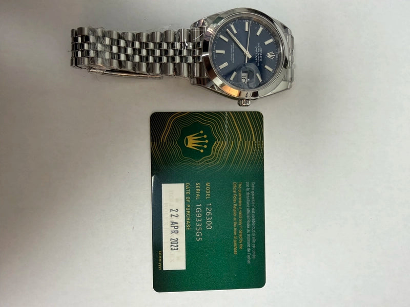 Rolex Datejust Blue Index Dial on Jubilee Ref 126300 with New Style Card Green 2023