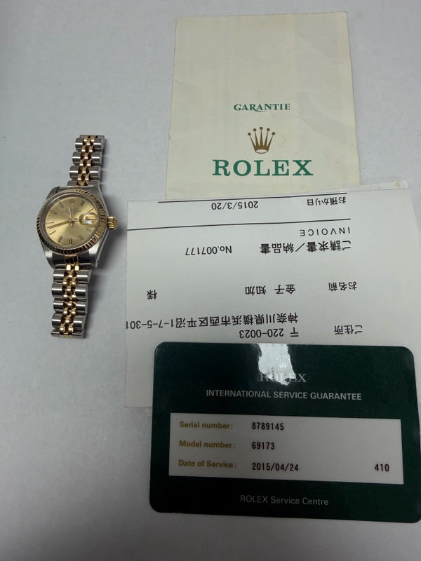 Rolex Datejust Lady Champagne Stick Dial on Jubilee Ref 69173 with Papers 1985