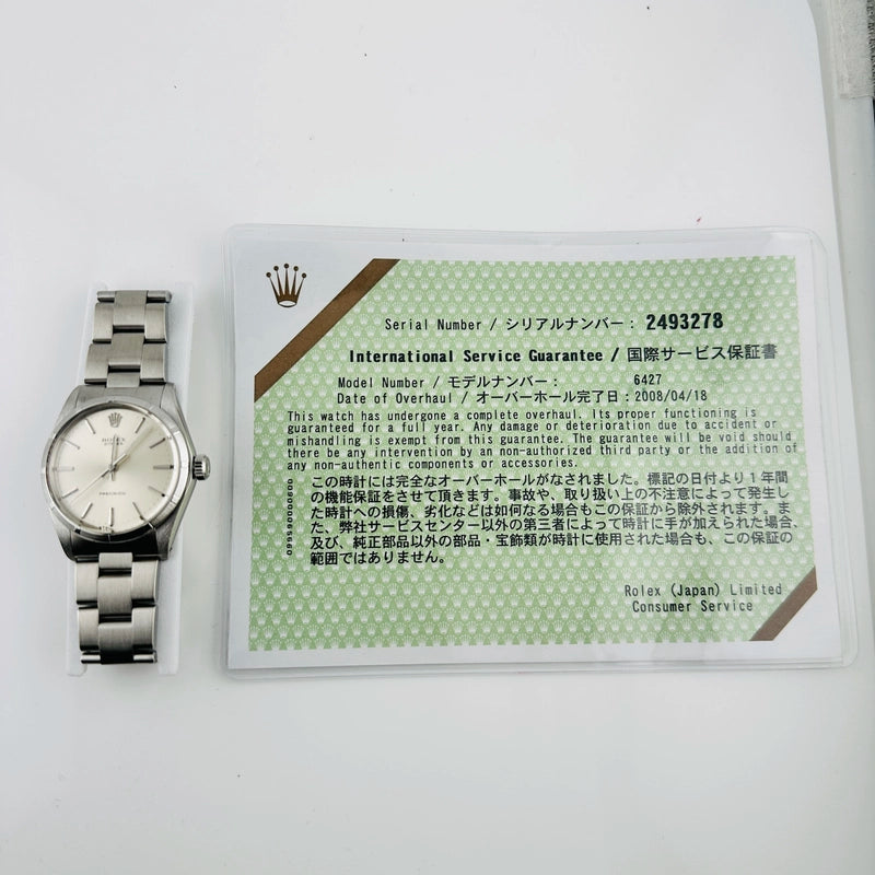Rolex Oyster Precision Silver Dial on Oyster Ref 6427 with Service Papers 1970