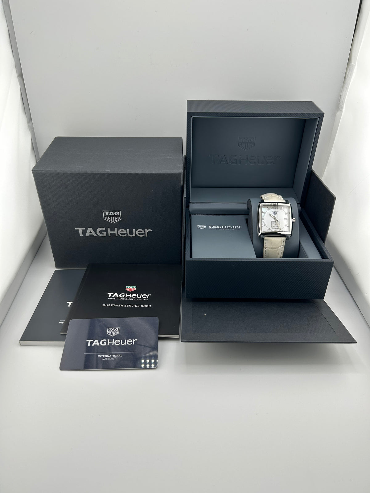 Tag Heuer Monaco White Mop Diamond Dial on Leather Ref. WAW131B.FC6247 Complete Open Date — view 7