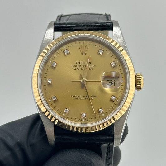 Rolex Datejust Champagne Diamond Factory Dial on Generic Black Leather Band Ref. 16233 1991 — view 2
