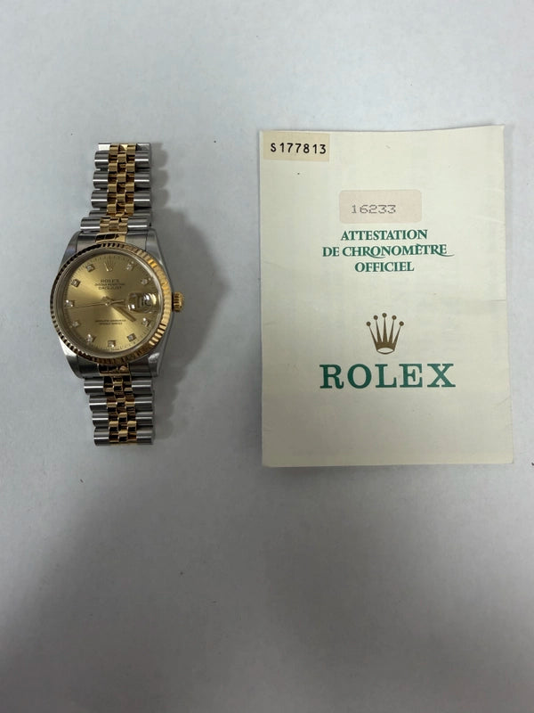 Rolex Datejust 36 Champagne Diamond Dial on Jubilee Ref 16233 with Papers