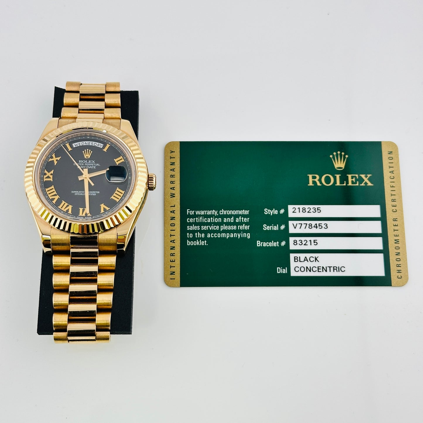 Rolex Day-Date Black Roman Dial on President Bracelet Ref. 218235 Card 2011 — view 7
