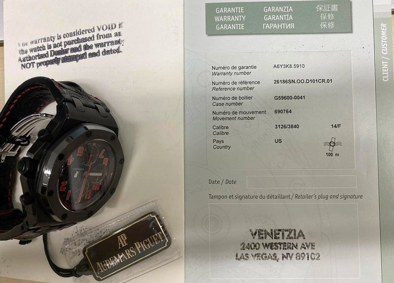 Audemars Piguet Royal Oak Offshore Black Dial on Leather Ref 26186SN with Papers
