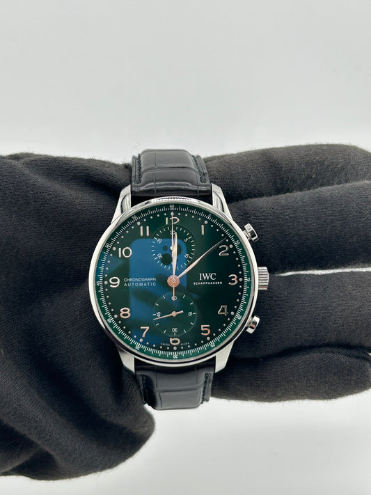 Iwc Portugieser Chronograph Green Dial on Leather Strap Ref. IW371615 Complete 2020 — view 2