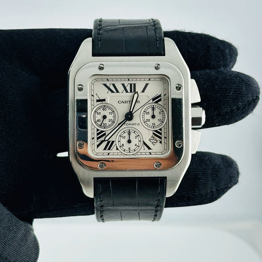 Cartier Santos 100 XL Silver Roman Chrono Dial on Leather Strap Ref 2740