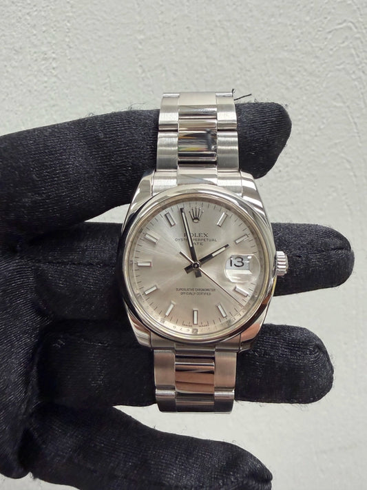 Rolex Oyster Perpetual Date Silver Stick Dial on Oyster Ref 115200 with Card Old Green 2012