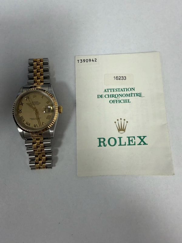 Rolex Datejust 36 Gold Roman Dial on Jubilee Ref 16233 with Papers 1997