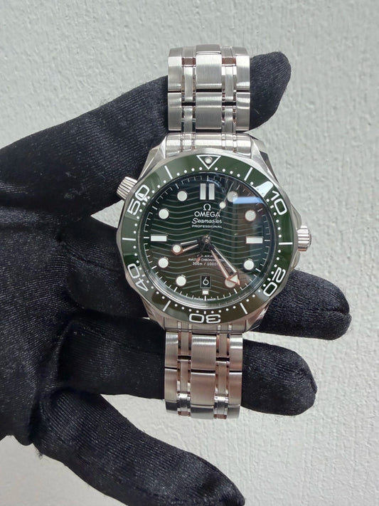 Omega Seamaster Diver 300M Co-Axial Master Chronometer Green Dial on Bracelet Ref 210.30.42.20.10.001 with Card