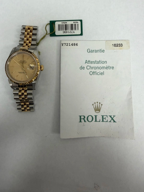 Rolex Datejust 36 Gold Tapestry Stick Dial on Jubilee Ref 16233 with Papers 2004