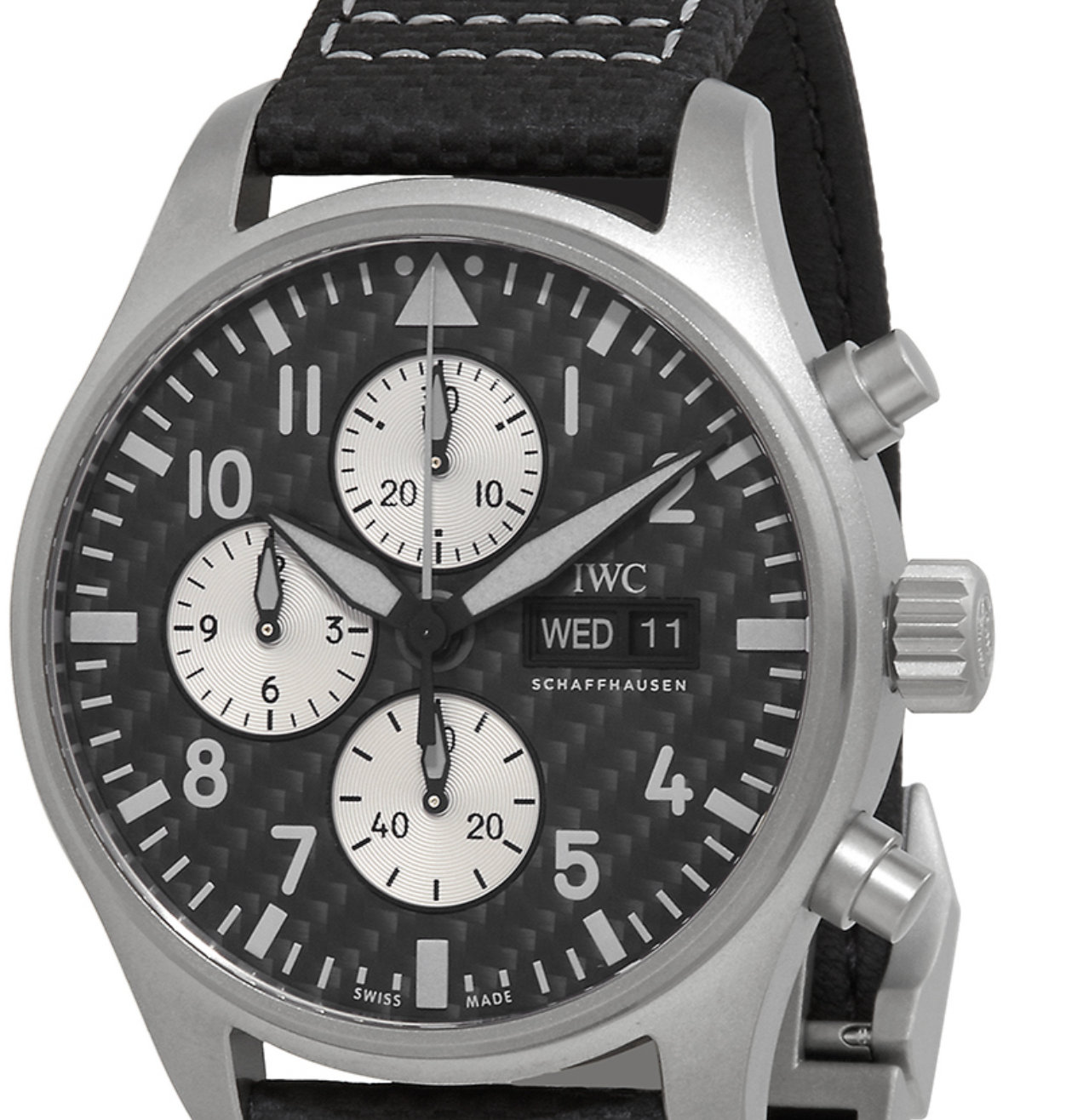 Iwc Pilot Spitfire Carbon Arabic Numeral Dial on Black Calfskin Band. Ref. IW377903 Card 2021
