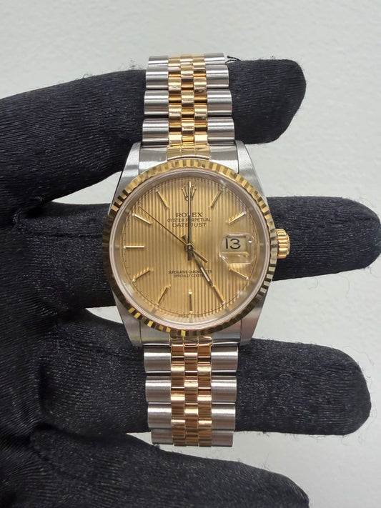 Rolex Datejust 36 Gold Tapestry Stick Dial on Jubilee Ref 16233 with Papers 2004
