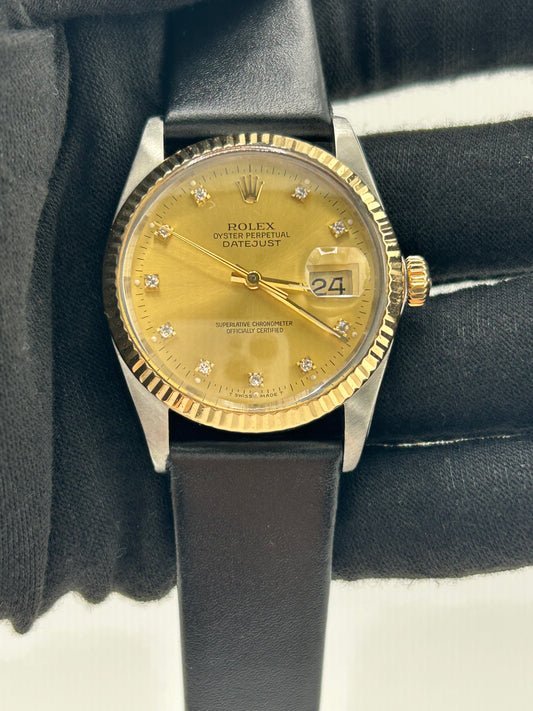 Rolex Datejust 36 Champagne Diamond Dial on Generic Black Leather Strap Ref. 16013 1987 — view 2