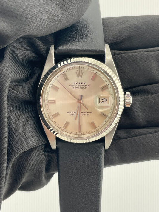Rolex Datejust 36 Silver Stick Dial on Generic Black Leather Strap Ref. 1601 — view 2