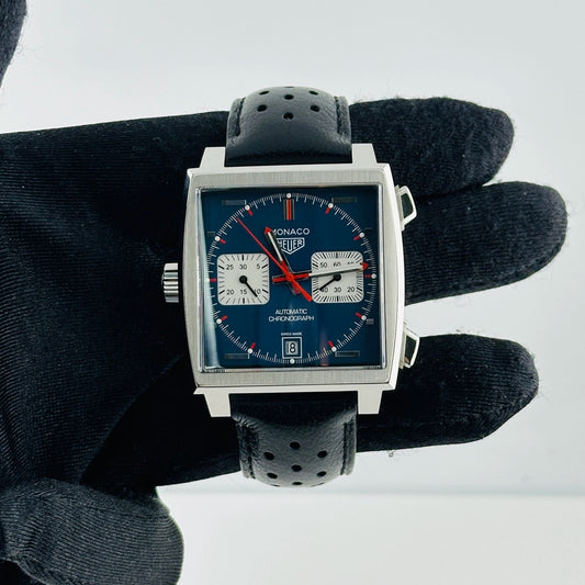Tag Heuer Monaco Automatic Chronograph Blue Dial on Leather Strap Ref CAW211P.FC6356 with Card 2020