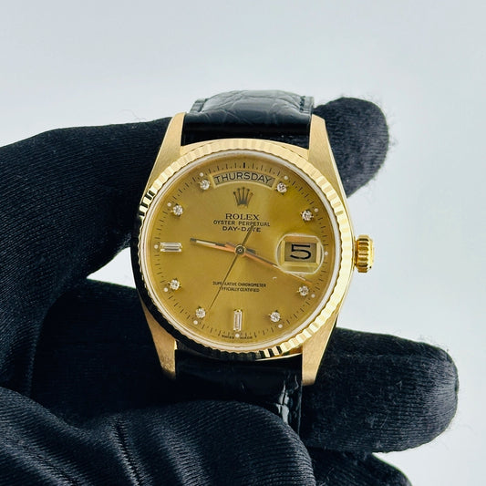 Rolex Day Date Champagne Diamond Factory Dial on Am Leather Ref 18038