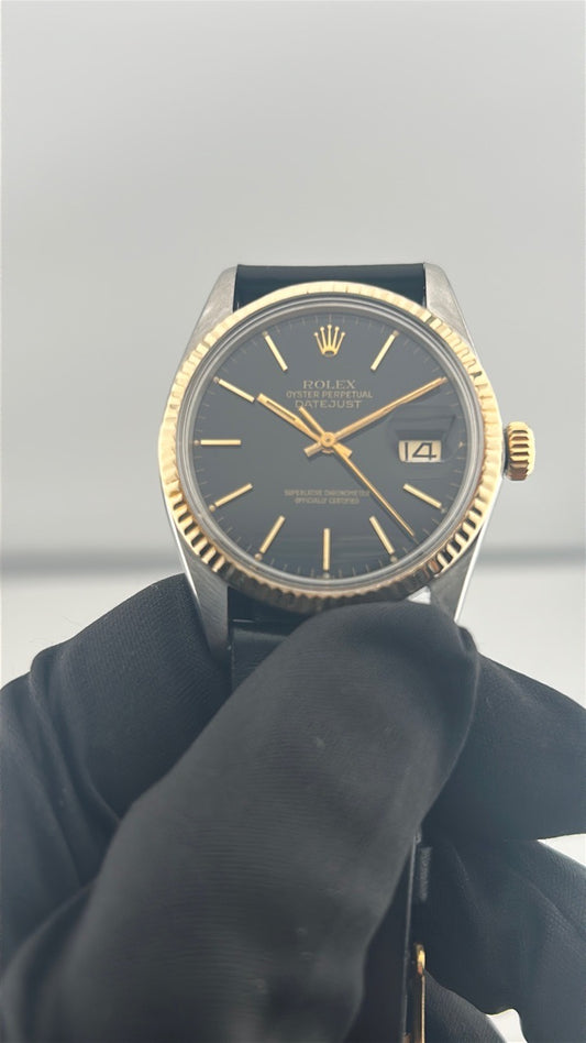 Rolex Datejust 36 Black Stick Dial on Generic Black Leather Band Ref. 16233 — view 2