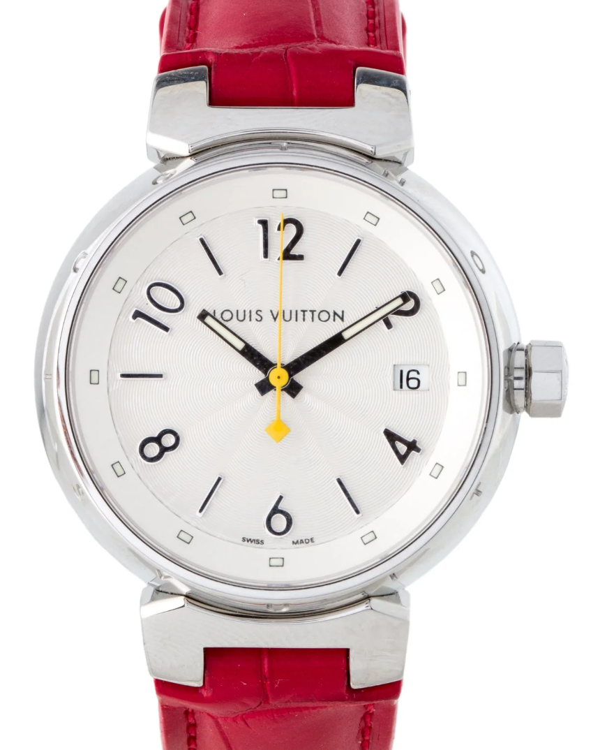 Louis Vuitton Tambour Silver Arabic Numerals Dial on Red Leather Band Ref. Q1310