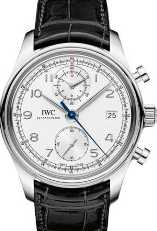 Iwc Portugieser Chronograph Classic Silver Dial on Black Leather Strap Ref. 1W390403