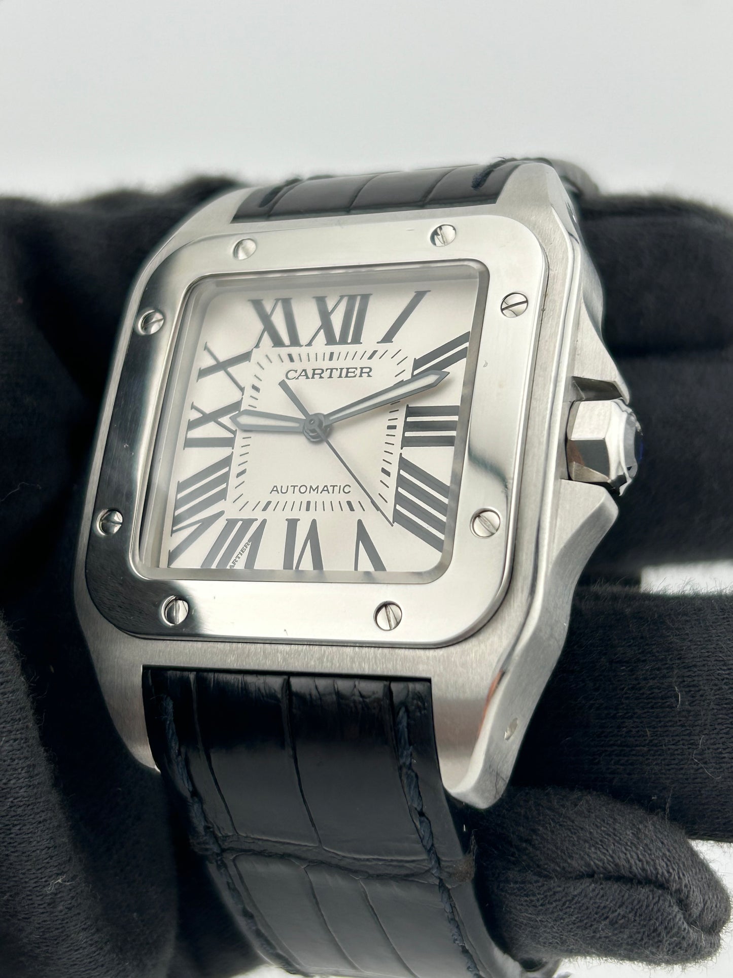 Cartier Santos 100 Large Silver Roman Numerals Dial on Leather Ref. W2007GX Manuals Only — view 3