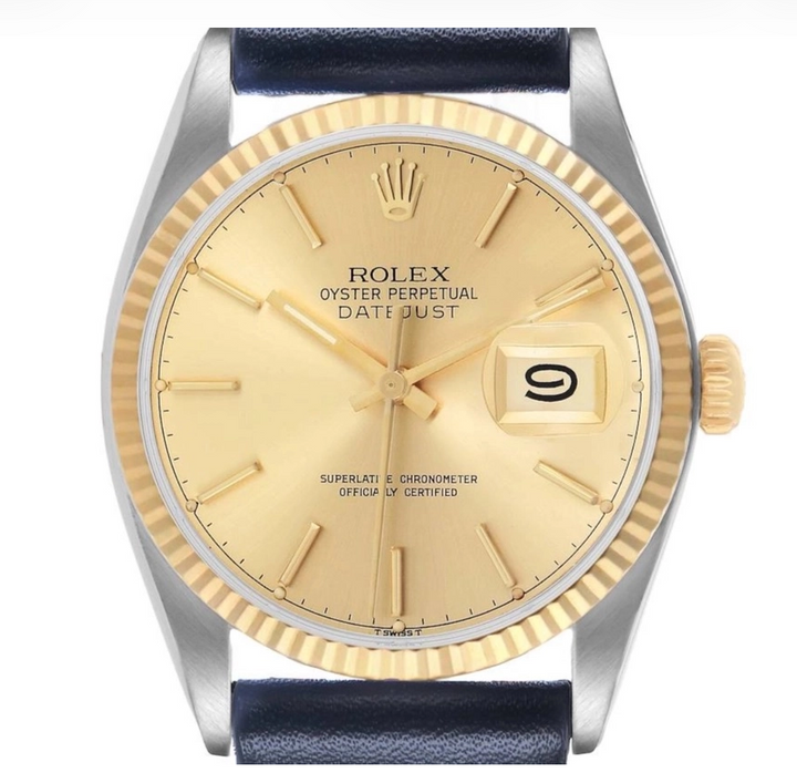 Rolex Datejust 36 Champagne Stick Dial on Generic Black Leather Strap Ref. 16233 1988
